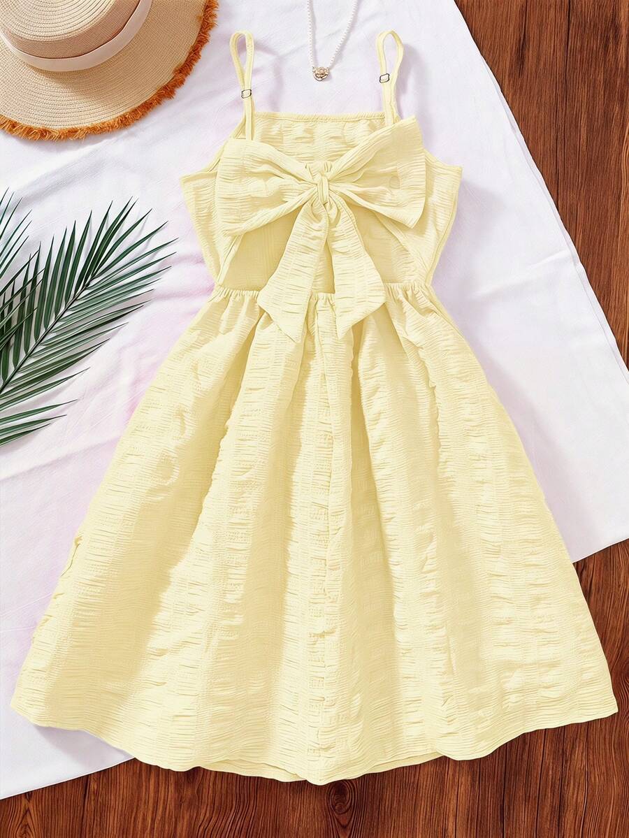 SHEIN Sparklyn Tween Girl Spaghetti Strap Backless Bow A-Line Hem Mini Dress, Bodycon, Ruched, Midi, Summer, Floral - Yellow - View 1