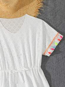 SHEIN 青少年女孩泳裝罩衫，一件式時尚休閒優雅蕾絲泳裝罩衫，適合游泳、夏季海灘、度假、泳池派對 - 白色 - 查看 3