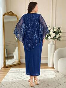 Modelyn Set 2 Potong Elegan untuk Wanita Ukuran Plus dengan Atasan dan Gaun Model Batwing Jala Berpayet - Royal Blue - View 2