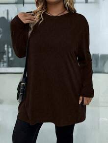EMERY ROSE 大尺碼女款素色休閒口袋長袖T恤 - 咖啡棕 - 查看 4