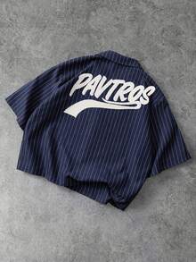 PAVTROS Manfinity Streetrush Men's Short Sleeve Striped Button-Down Shirt,Navy Blue And White,Summer,Casual,Streetwear,City Break Letter Embroidery - Navy Blue - View 4
