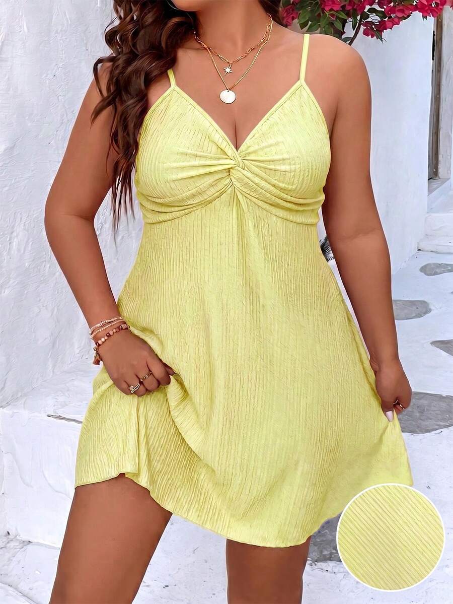 SHEIN Clasi Plus Size V-Neck Criss-Cross Twist Wrap A-Line Cami Dress Casual Outing Vacation Knee-Length Dress - Pale Yellow - View 1