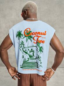 PAVTROS Men's Casual Letter & Coconut Tree Print Loose Fit Round Neck Tank Top, Summer, Holiday - Blue - View 5