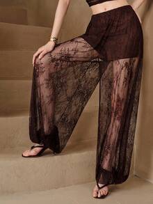 SHEIN Women's Pants Lace Fabric Lantern Full See-Through Design Daily Elegant Sexy Brown Floral Set Pattern Beach Summer - Coffee Brown - View 4