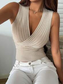 Strévra Top de punto texturizado sin mangas con cuello en V y cintura definida para mujer, primavera-verano - Albaricoque - Ver 6