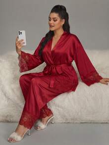 HautHeat Plus Size Button-Up Solid Color Sexy Pajama Set For Spring And Autumn - Burgundy - View 7