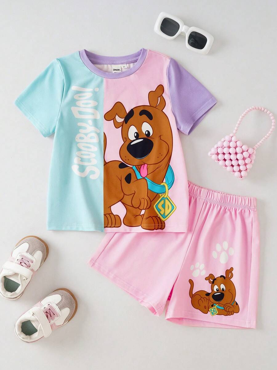 SCOOBY-DOO X SHEIN 女童字母印花拼色拼接圓領短袖T恤與短褲套裝 -DOO - 粉色 - 查看 1