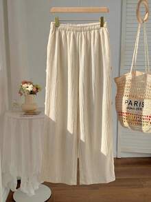 Comfortcana Quần ống rộng dáng suông, màu trơn, chất liệu vải nhăn, có dây rút, thích hợp cho kỳ nghỉ hè, cỡ lớn. - Màu be - Xem 2