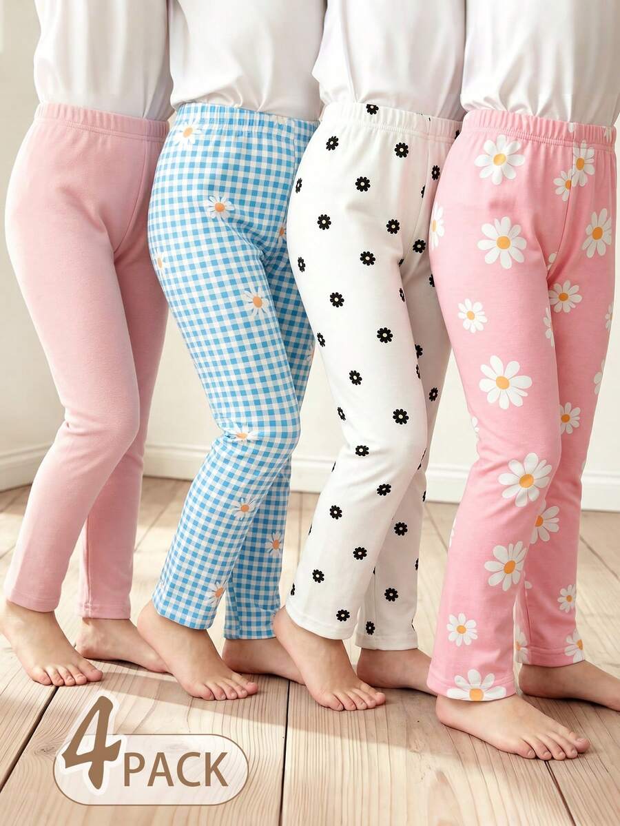 Genkimix Kids 4件組少女可愛休閒粉藍格紋雛菊花卉彈性腰軟綿喇叭褲套裝 日常上學公園春夏季穿搭 - 彩色 - 查看 1