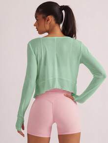 Activina Women's Solid Color Cropped Lettuce Edge Long Sleeve Casual Sports T-Shirt - Green - View 3