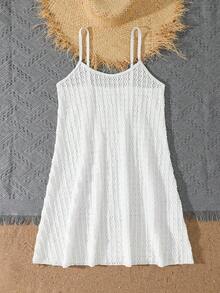 SHEIN Teen Girl Casual Vacation Solid Color Knit Jacquard Hollow Out Strap Cover-Up Dress - White - View 5