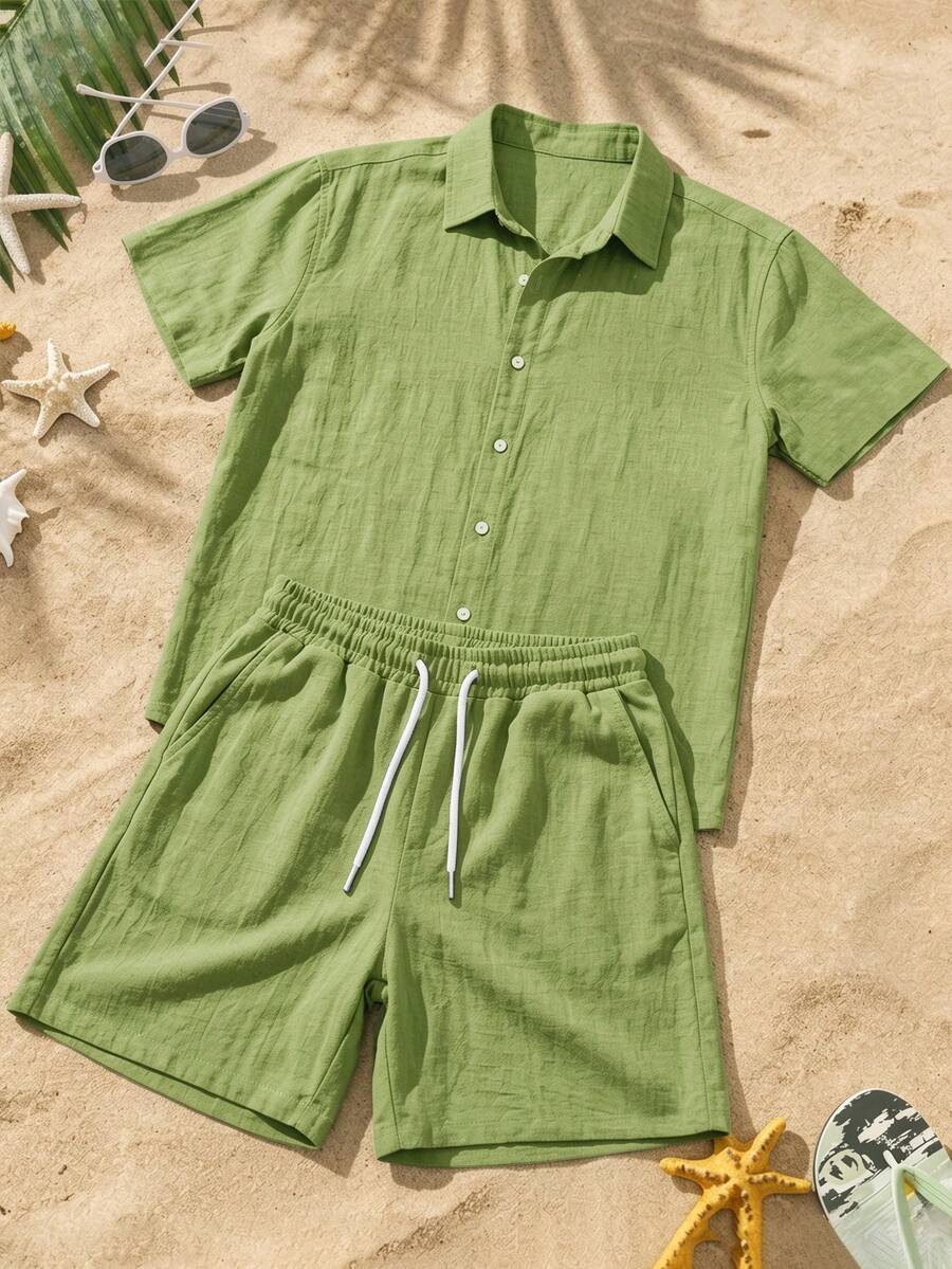 Manfinity RSRT 2pcs Men's Beach Outfit, Short Sleeve Button-Up Shirt And Drawstring Shorts Summer Holiday Set - Green - View 1