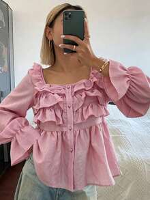 Livesso Women's Loose Fit Square Collar Ruffled Hem Pink Flare Sleeve Casual Blouse - Pink - View 5