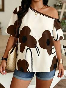 Weeklong Apricot Base Blue Floral Print Asymmetric Neck Short Sleeve Blouse, Plus Size, Spring/Summer Vacation - Multicolor - View 5