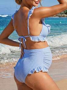 SHEIN 26SS Summer Beach Vacation Striped Textured Fabric Gentle Maternity Swimwear Set - Blue - View 2