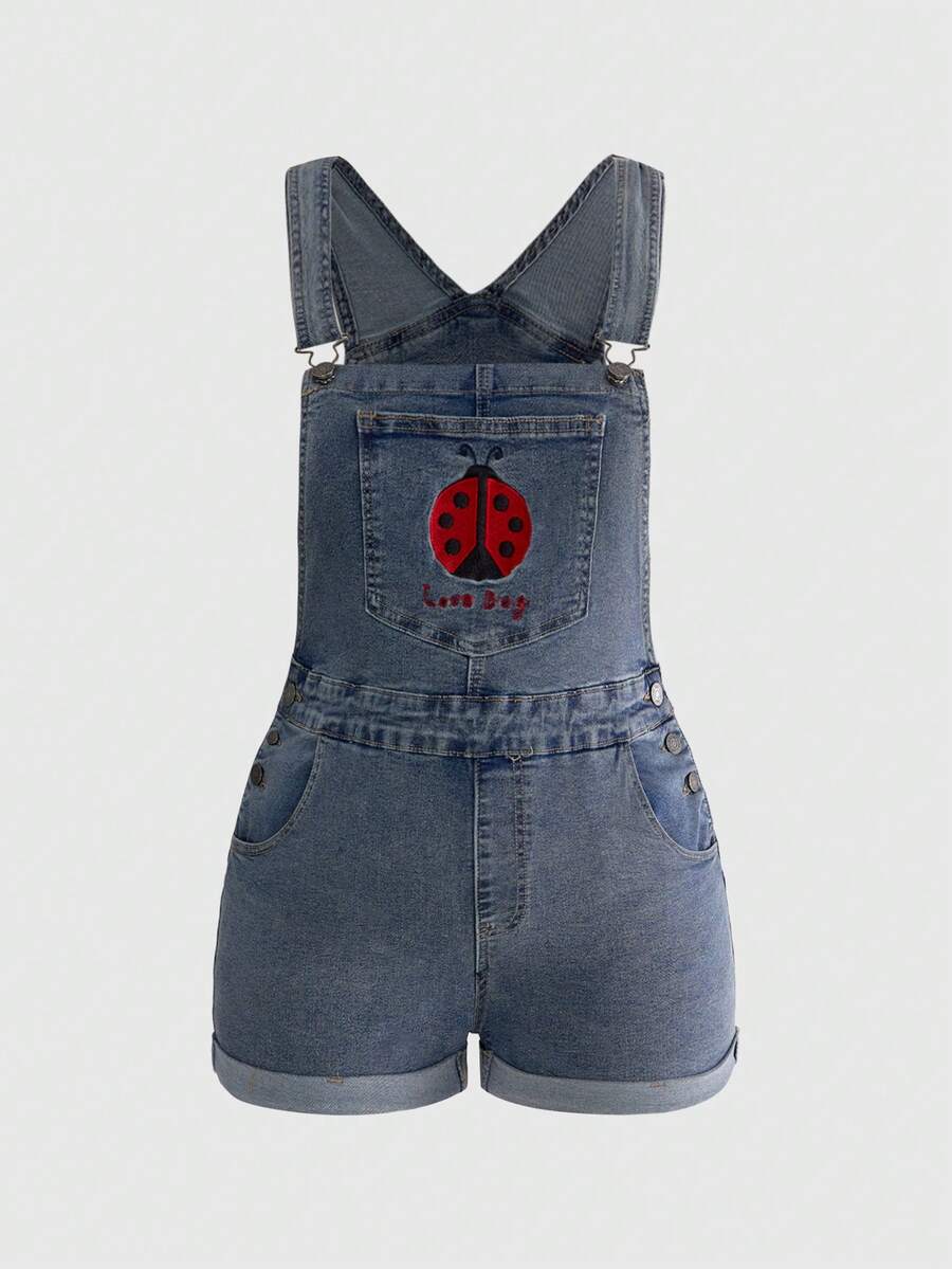 ROMWE Fairycore Plus Size Casual Countryside Versatile Cute Beetle Embroidered Denim Jumpsuit - Blue - View 1