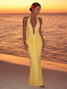 Lumalex Women's Elegant Solid Color Lace Patchwork Backless Dress, Summer Party Night Pale Yellow.Suitable For Wedding Guests - Pale Yellow - View 2
