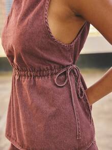 Aralina Conjunto de 2 piezas para mujer de verano / invierno con top de mezclilla fruncido con detalle de lazo y shorts, atuendo lindo para salir y vacaciones, estilo Y2K Estocolmo - Color caoba - Ver 3
