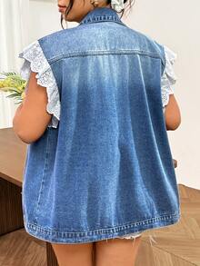 Lounesse Áo sơ mi denim nữ size lớn phối patchwork, đục lỗ, thêu, tay cánh, cài nút đơn - Màu xanh lam - Xem 2