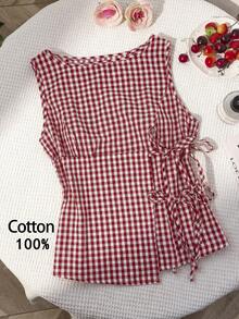 Sweetra Plus Size Women Red And White Plaid Sleeveless Tie-Front Design Waist-Cinching Slimming Fit Minimalist Kawaii Fashionable Round Neck Blouse Summer - Red and White - View 1