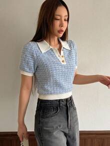 DAZY Contrast Collar Puff Sleeve Polo Tee - Blue - View 9