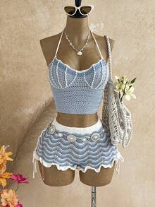 Soleia Conjunto de 2 piezas para mujer con top de punto con cuello halter decorado con perlas falsas y shorts de punto a rayas - Multicolor - Ver 4