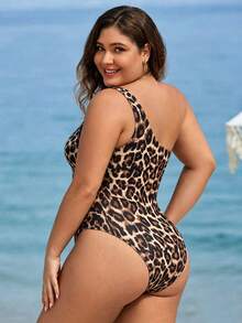 Swim Lushoire Plus Size Summer Vacation Beach Vacation Sexy Leopard Print Contrast Mesh One Shoulder One-Piece Swimsuit Beige - Multicolor - View 2