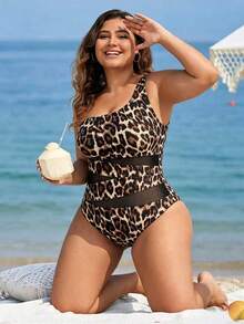 Swim Lushoire Plus Size Summer Vacation Beach Vacation Sexy Leopard Print Contrast Mesh One Shoulder One-Piece Swimsuit Beige - Multicolor - View 6