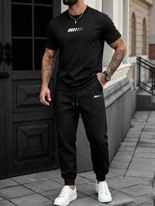 Gym Rark Men's Summer Casual Pattern Print Crew Neck Short Sleeve T-Shirt And Drawstring Waist Sweatpants Set, Gym - Black - View 3