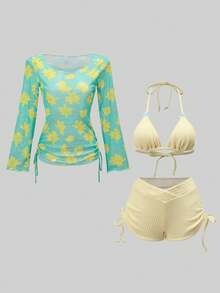 ROMWE Avant 26SS Spring/Summer Sexy Tropical Bikini Triangle Cup Briefs With Floral Cover-Up 3 PiecesSwimwear Set Vacation Turquoise Yellow - Multicolor - View 7