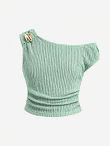 Tween Girls T-Shirt Set, Asymmetrical Asymmetrical Shoulder Design, One Side Sleeveless Strap, Other Side Asymmetrical Shoulder, Showing Collarbone And Shoulder Line, Lazy And Style. Metal Texture Decorative Buckle On Sleeveless Strap, Visual Focal Point Of The Set, Wide Leg Pants - Green - View 5