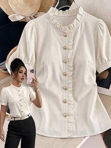 Elenzga Women's Solid Color Single-Breasted Casual Versatile Daily Wear Shirt - Apricot - View 1