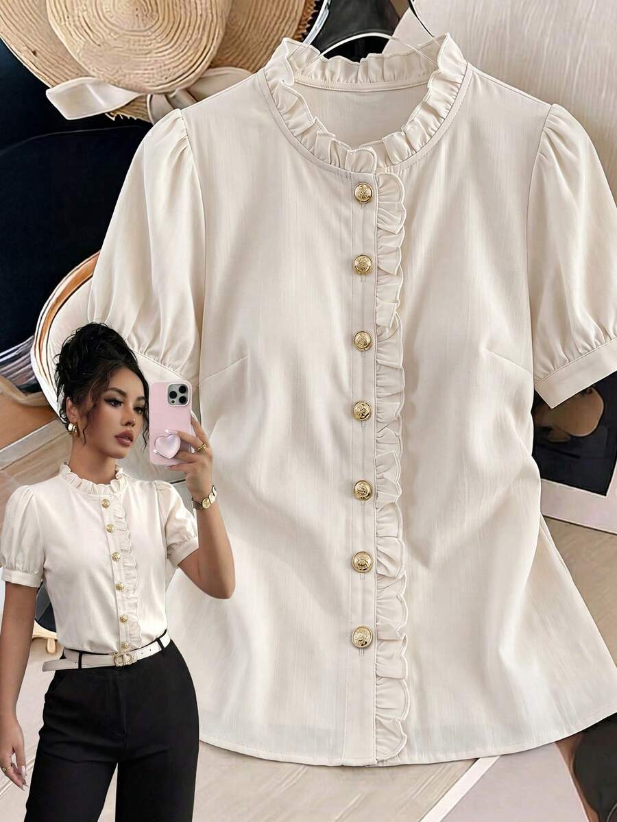 Elenzga Women's Solid Color Single-Breasted Casual Versatile Daily Wear Shirt - Apricot - View 1