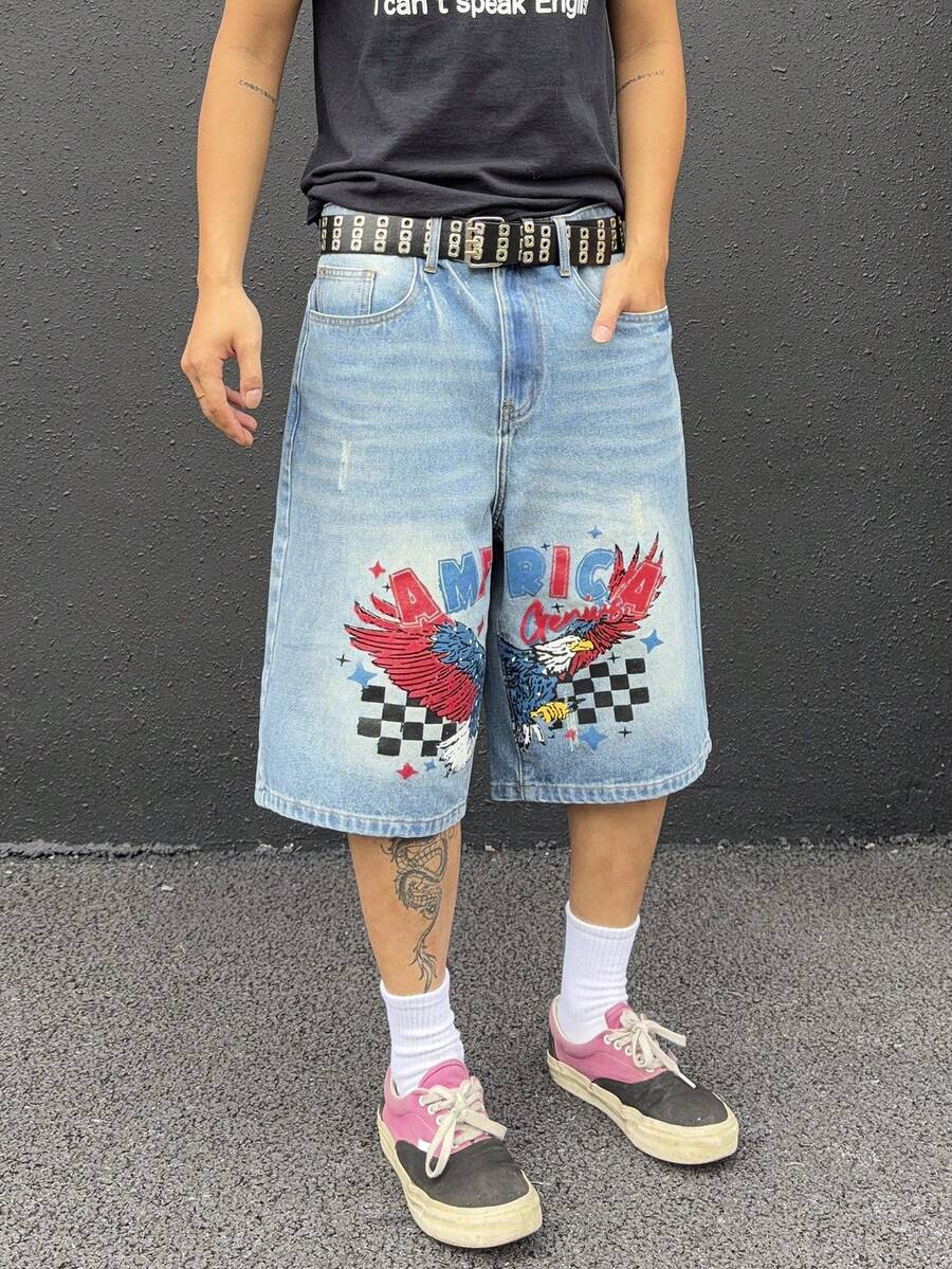 Manfinity Roughcore Men's Distressed American Print Denim Shorts, Casual Street Style, Holiday - Light Wash - View 1