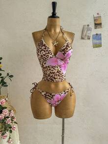 Soleia Set Baju Renang Tankini Wanita Musim Panas Motif Bunga Leopard untuk Pantai - MultiWarna - View 3