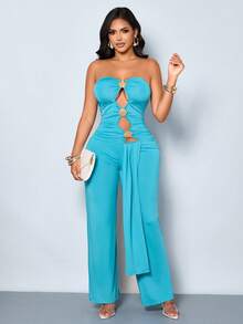 SOLERSUN Mono de verano 2026 para mujer, sexy, de color azul océano con recortes y fruncidos, de alta elasticidad. Elegante mono de una pieza con herrajes en forma de concha, sin tirantes, espalda descubierta, pantalones anchos de pierna larga. Mono de una pieza con recorte en forma de concha, sin tirantes, de Body ceñido y piernas anchas. Atuendo para fiesta en la playa, club, estética Y2K - Azul - Ver 7