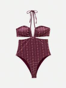Nöista 印花露背连体泳衣，配有发圈，胸部褶皱设计，V领，腰部镂空，背部系带蝴蝶结可调节尺寸。完美适用于夏季泳池日、海滩派对、度假等场合。适合度假、外出、婚礼、派对、节日等各种夏季场合。 - 酒紅色 - 查看 6