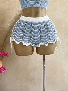 Soleia Conjunto de 2 piezas para mujer con top de punto con cuello halter decorado con perlas falsas y shorts de punto a rayas - Multicolor - Ver 5