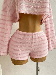 Soleia Women's Vacation Asymmetric Neck Long Sleeve Top And Shorts 2 Pieces Set - Pink - View 4