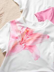 SHEIN 青少年女孩 3件組 女款圓領短袖修身不對稱下擺T恤，黑色、白色、豹紋，休閒夏季上衣套裝 - 彩色 - 查看 6