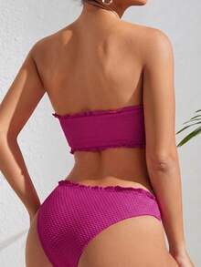 SHEIN Swim 女款夏季度假海灘純色紋理荷葉邊飾抹胸比基尼套裝 - 酒紅色 - 查看 5
