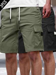Manfinity Homme Celana Pendek Kargo Pria Ukuran Besar dengan Tali Serut di Pinggang, 2pcs/Set, Hijau Sage, Hitam, Musim Panas, Kasual, Pantai, Perjalanan, Liburan Akhir Pekan, Hadiah untuk Pacar/Suami - MultiWarna - View 3