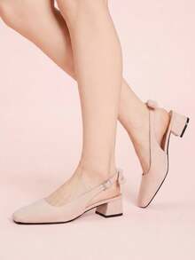 CUCCOO DOLLMOD Women's Shoes, Bow Decoration, Exposed Heel, Pink Suede Texture, Square Toe Fashionable And Elegant Exposed Heel Thick High Heel Shoes - Velvet pink - View 3