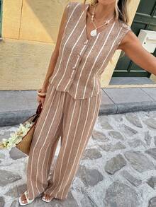 SHEIN Frenchy Women V-Neck Sleeveless Front Button Striped Casual Summer 2 Pieces Set - Khaki - View 7