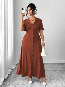 Elenzga Vestido Maxi Elegante para Mujer Talla Grande, unicolor, Cuello Solapa, Cintura Ceñida, Decoración de Botones, Falda Línea A, Lazo en la Espalda, Manga Corta, Estilo Conmutador - Óxido marrón - Ver 5