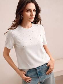 Anewsta Women's Spring/Summer New Casual Elegant Versatile Party Date Bingbing Rhinestone Pearl Decor Round Neck Short Sleeve T-Shirt White - White - View 5