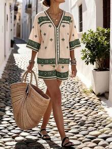 Isle Nomé Women's Spring/Summer Cardigan Straight Leg Pants Casual Tropical Vacation 2 Pieces Set Beach Green And Pink - Multicolor - View 1