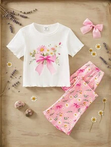 SHEIN 2pcs Young Girl Knitted Solid Floral Pattern Casual T-Shirt And Floral Bell-Bottom Pants Set - Pink - View 3