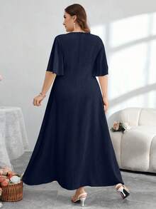 Modelyn Plus Size Women Elegant Button Design Ruffle Sleeve Midi Dress - Navy Blue - View 2