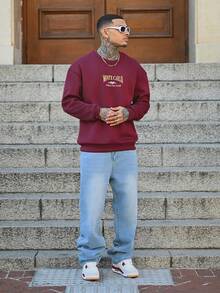 Devon Thys Men Letter Embroidery Sweatshirt, Fall, Long Sleeve Top - Burgundy - View 1